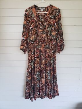Back In The Saddle Western Print Midi Long Sleeve  Dress  Size L